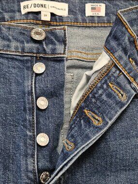 RE/DONE Button Fly Jeans Denim High-rise 5-pocket Raw Distressed Hemline Size 27